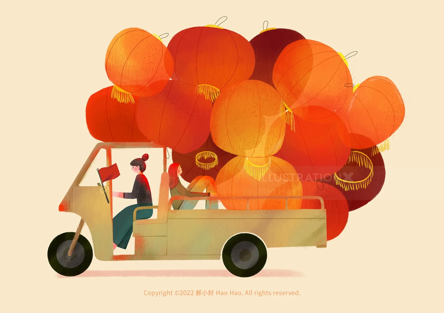 Illustration of motorbike carrying many red lanterns by Hao Hao
