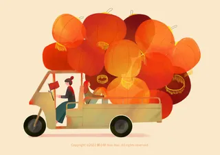 Illustration of motorbike carrying many red lanterns by Hao Hao