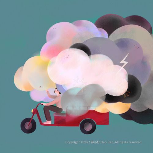 Person on red scooter surrounded by colorful swirling clouds by Hao Hao