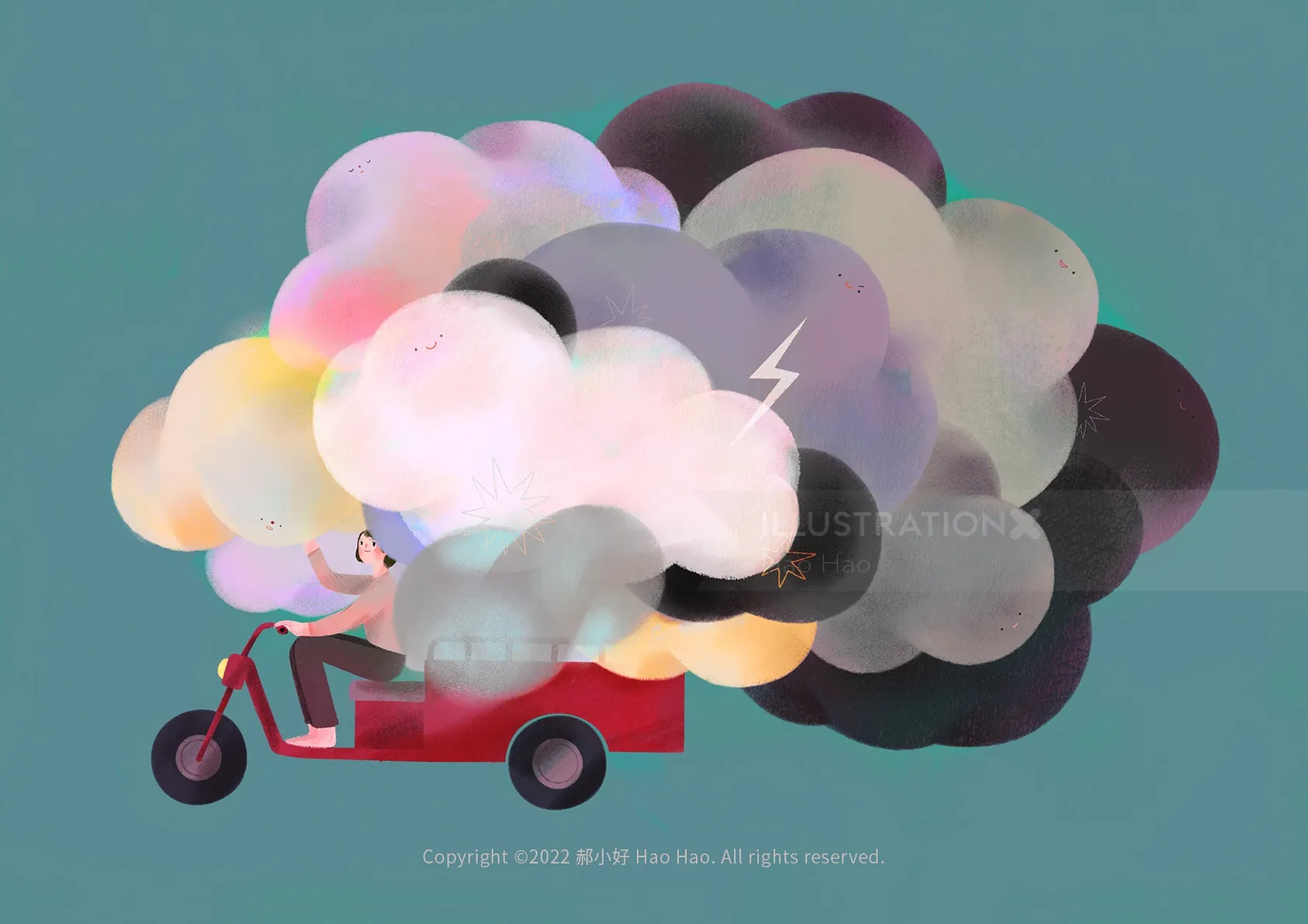 Person on red scooter surrounded by colorful swirling clouds by Hao Hao