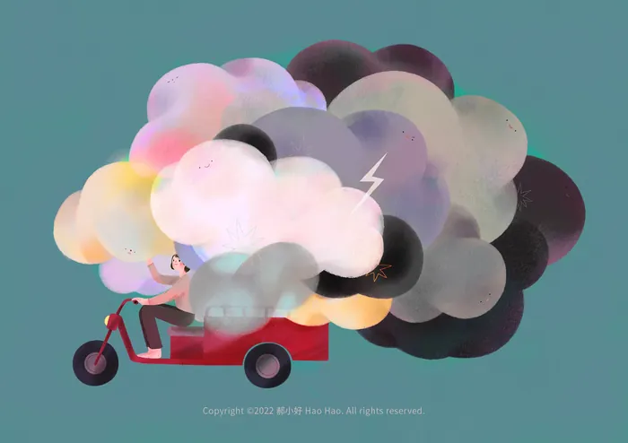 Person on red scooter surrounded by colorful swirling clouds by Hao Hao