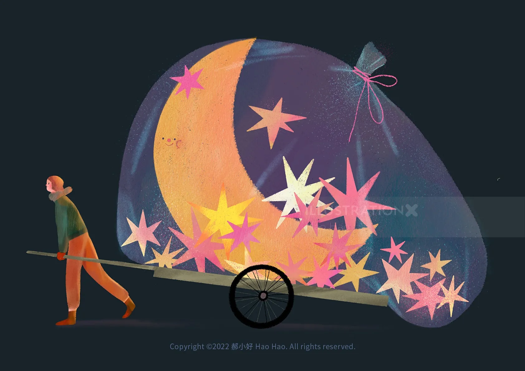Illustration of man pulling cart with crescent moon and stars by Hao Hao