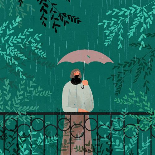 Person holding a pink umbrella in rainy green forest by Hao Hao