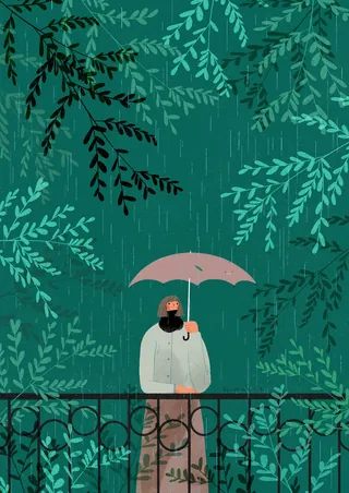 Person holding a pink umbrella in rainy green forest by Hao Hao