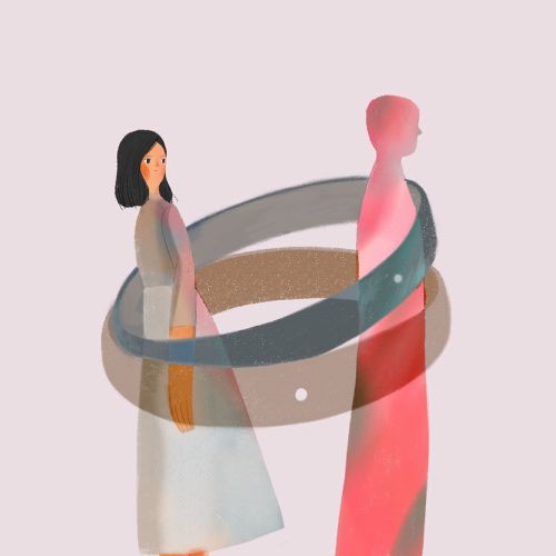 Abstract figures of man and woman connected by rings by Hao Hao