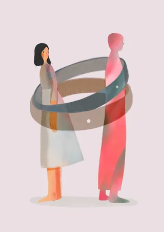 Abstract figures of man and woman connected by rings by Hao Hao