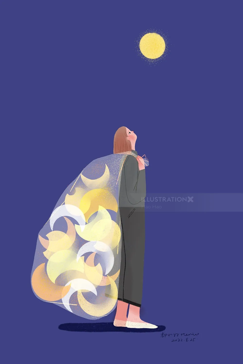 Person standing and gazing at full moon in night sky, artwork by Hao Hao