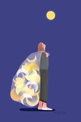 Person standing and gazing at full moon in night sky, artwork by Hao Hao