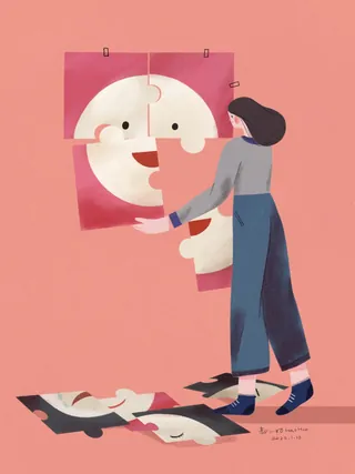 Woman assembling puzzle of smiling face on pink background by Hao Hao