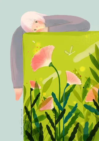Person with white hair leaning on green wall with pink flowers by Hao Hao