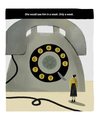 Woman standing near a large rotary phone with caption by artist Hao Hao