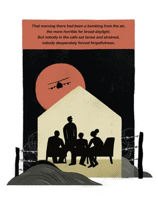 Silhouetted family inside house amid helicopter and barbed wire by Hao Hao