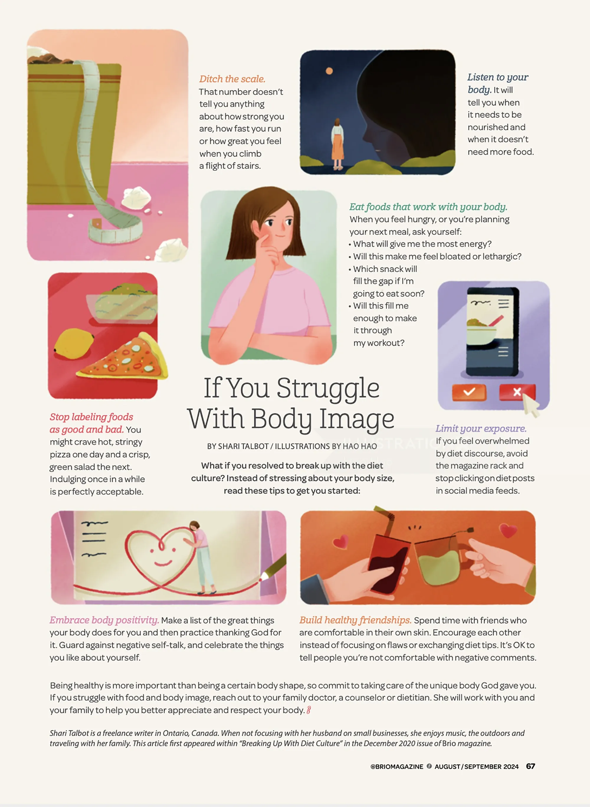 Illustration with body image tips including self-care, positive thoughts, and seeking support.