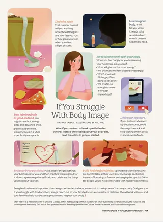 Illustration with body image tips including self-care, positive thoughts, and seeking support.