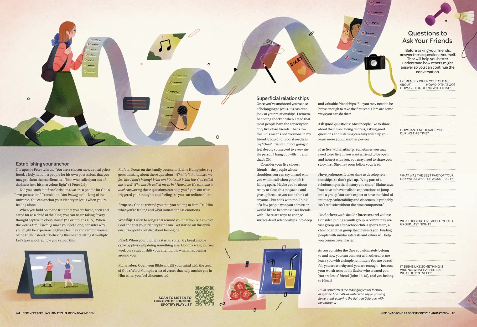 Person reading a long flowing scroll with images and text about relationships and questions.