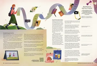 Person reading a long flowing scroll with images and text about relationships and questions.