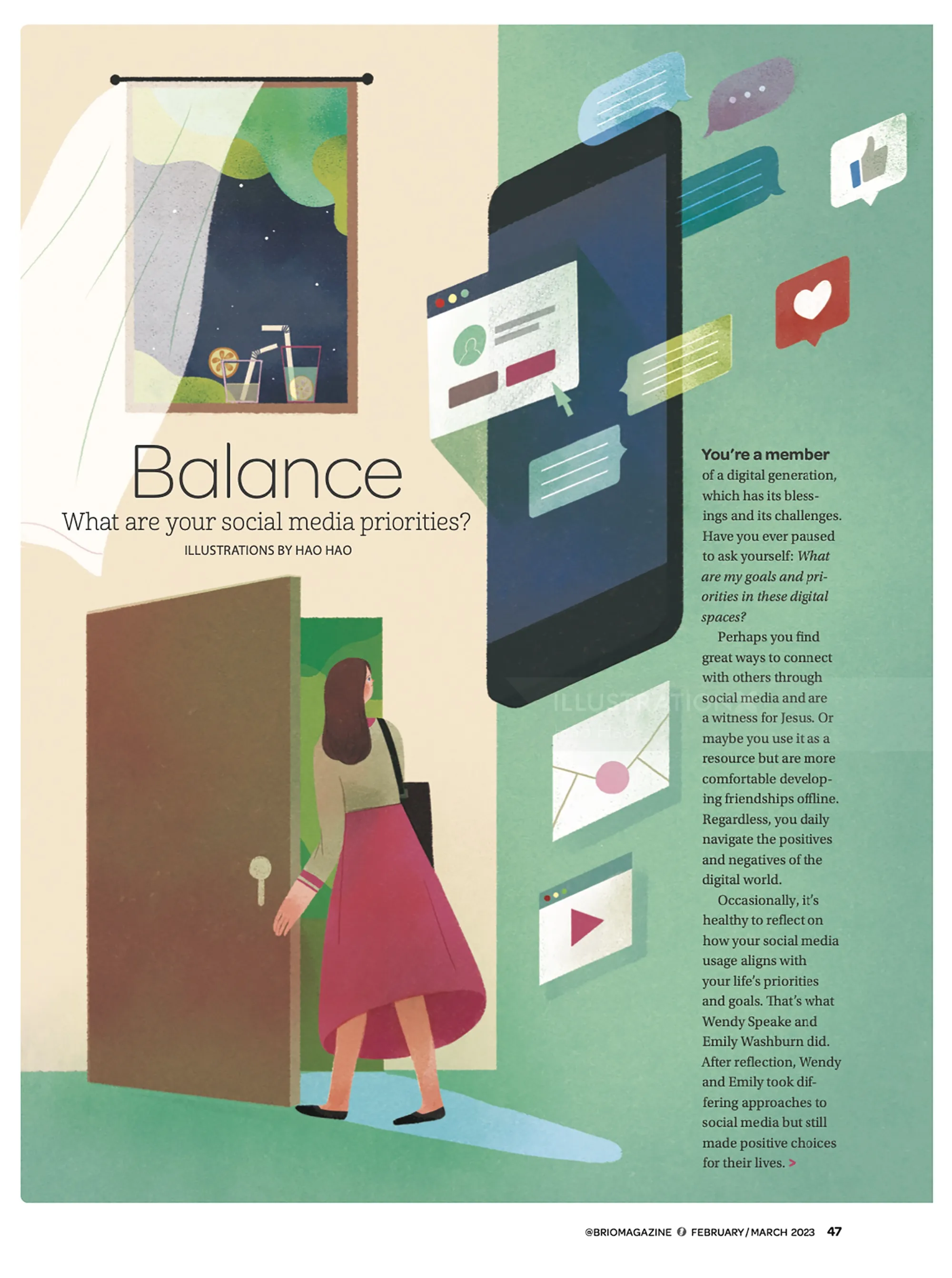 Illustration of woman balancing social media notifications and real life