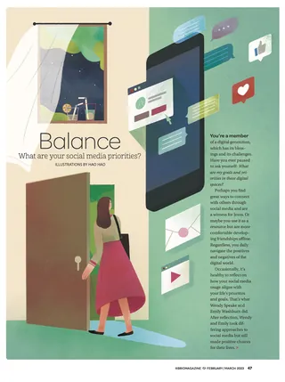 Illustration of woman balancing social media notifications and real life