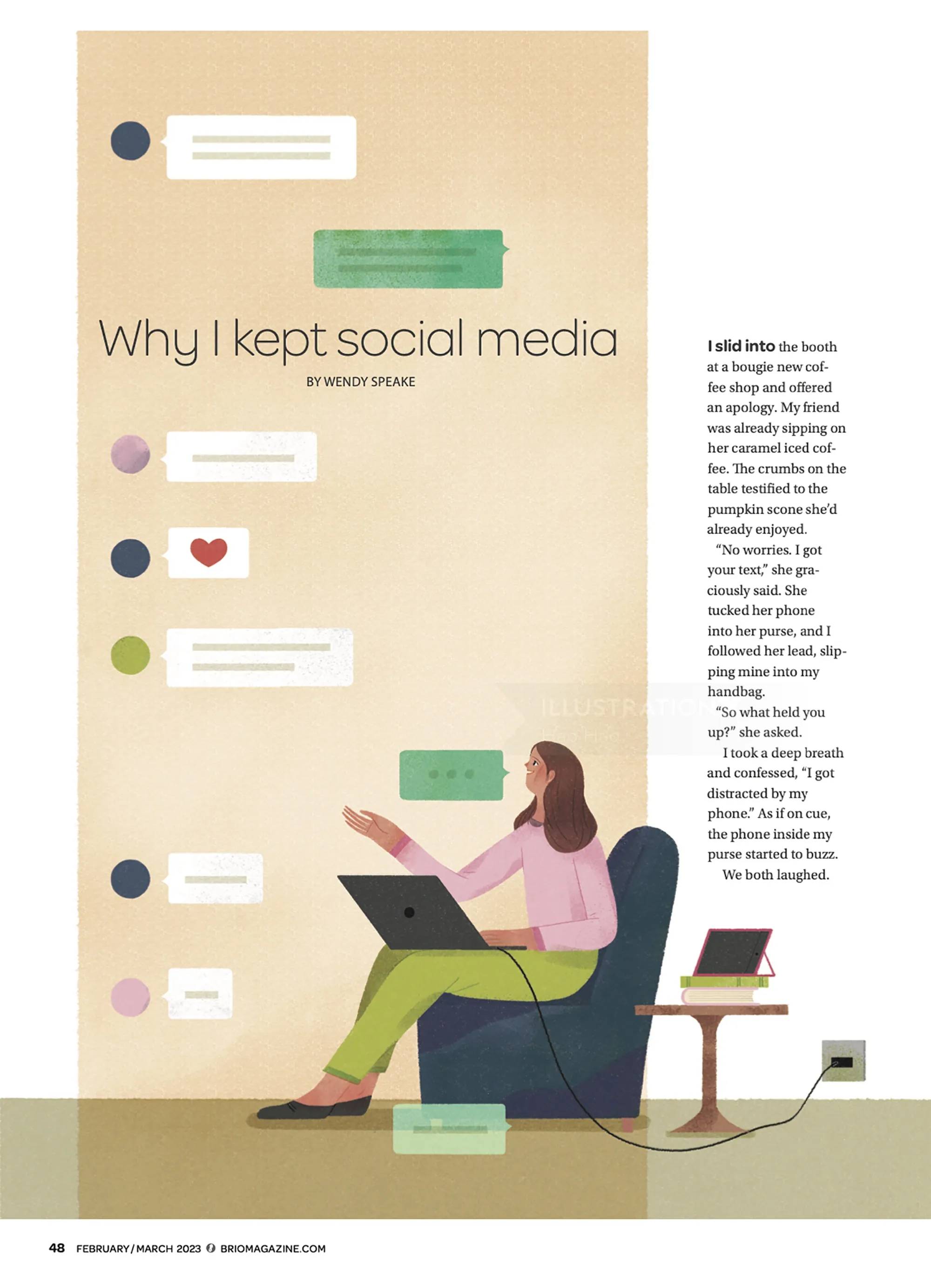 Young woman sitting with laptop surrounded by social media notifications