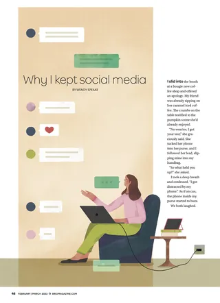 Young woman sitting with laptop surrounded by social media notifications
