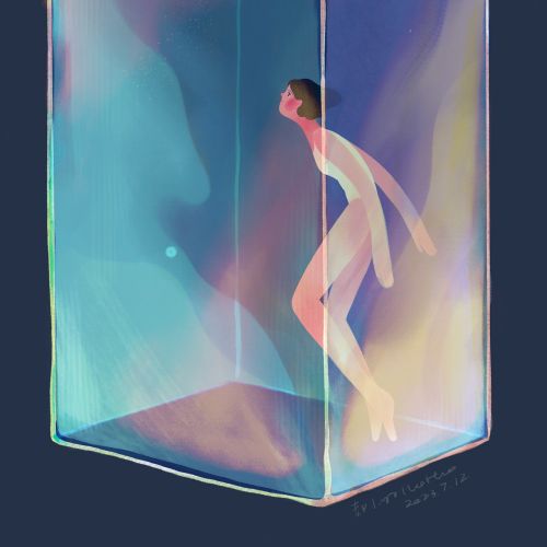 Person inside transparent prism looking at a glowing star