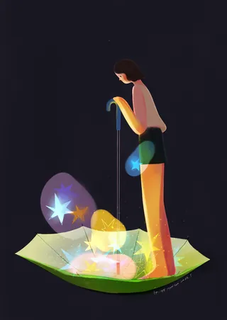 Woman watering magical glowing plants emerging from a book.