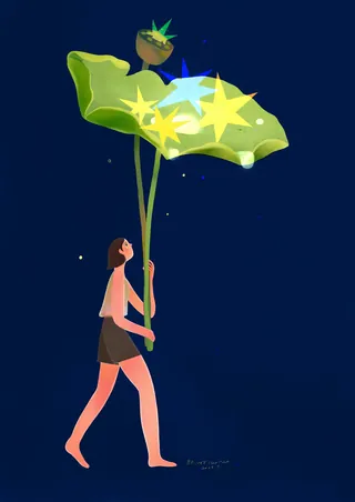 Person walking barefoot holding a large glowing leaf with stars and a small insect
