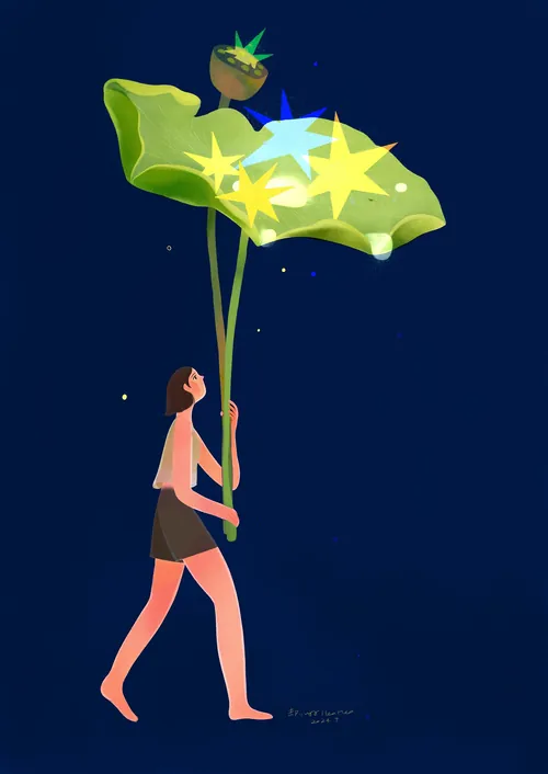 Person walking barefoot holding a large glowing leaf with stars and a small insect