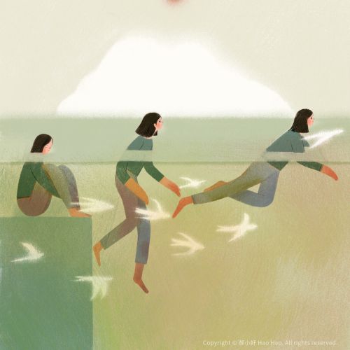 Woman sitting, walking, and jumping with birds flying around her.
