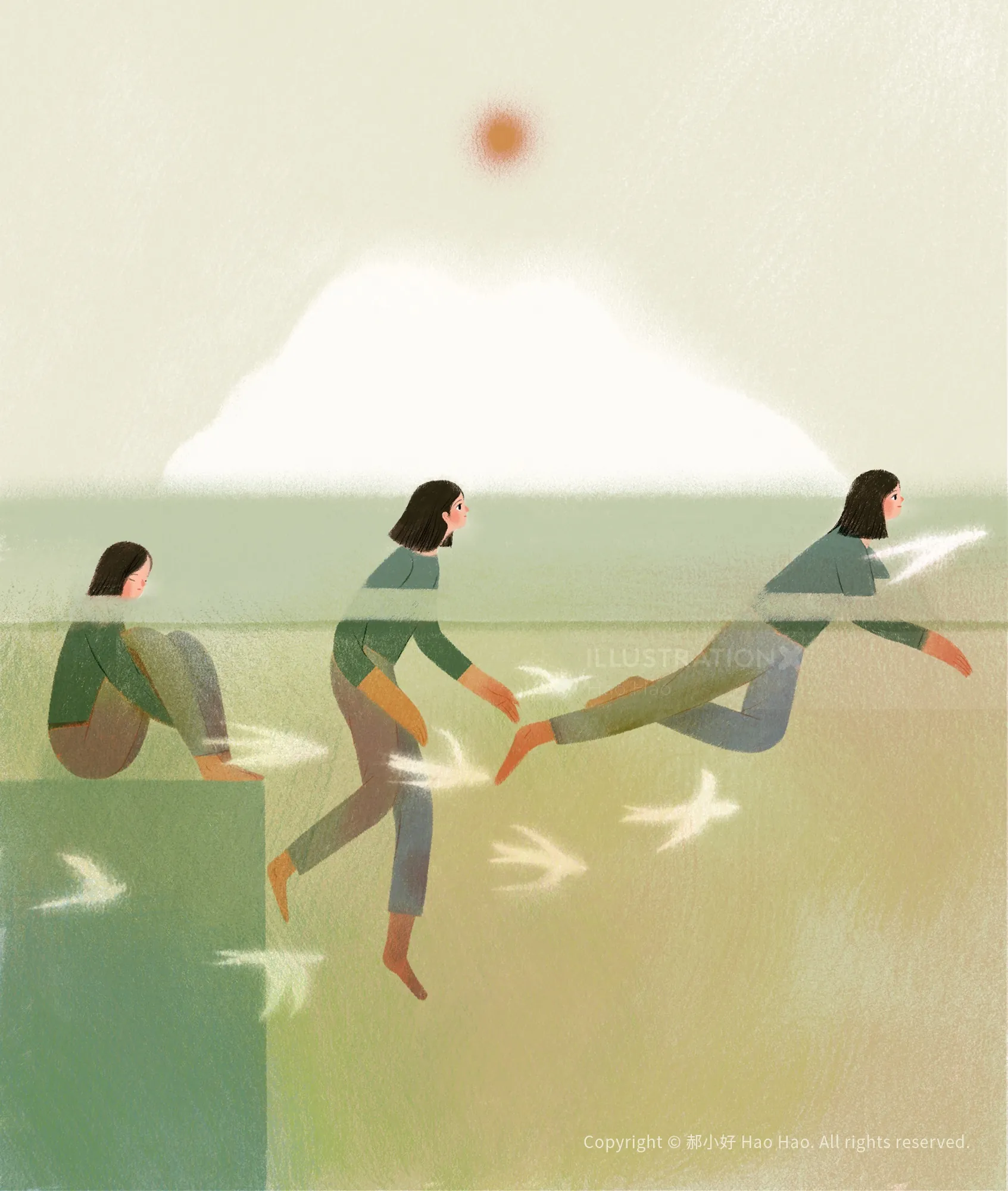 Woman sitting, walking, and jumping with birds flying around her.