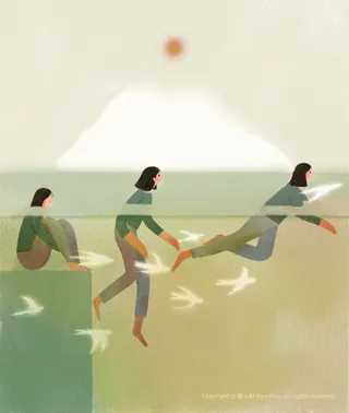 Woman sitting, walking, and jumping with birds flying around her.