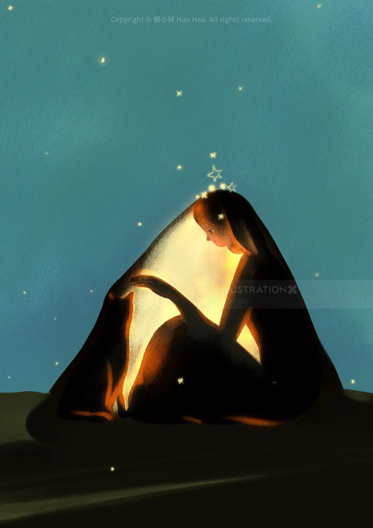 Silhouette of person glowing with warm light beneath stars