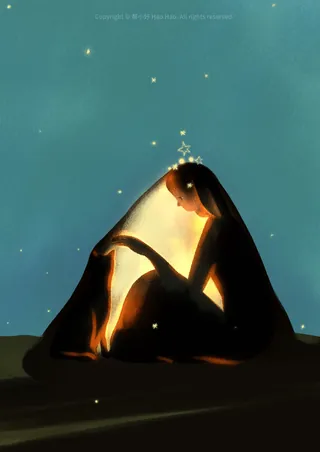 Silhouette of person glowing with warm light beneath stars