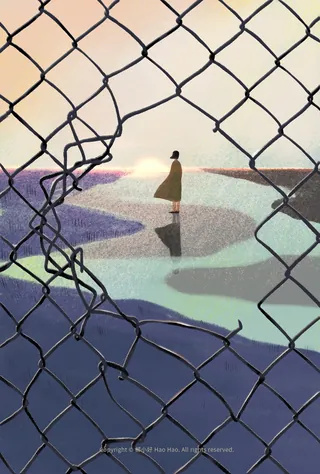 Silhouette of a person standing on water seen through broken chain-link fence