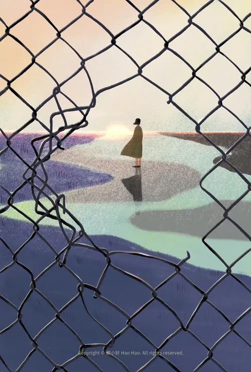 Silhouette of a person standing on water seen through broken chain-link fence