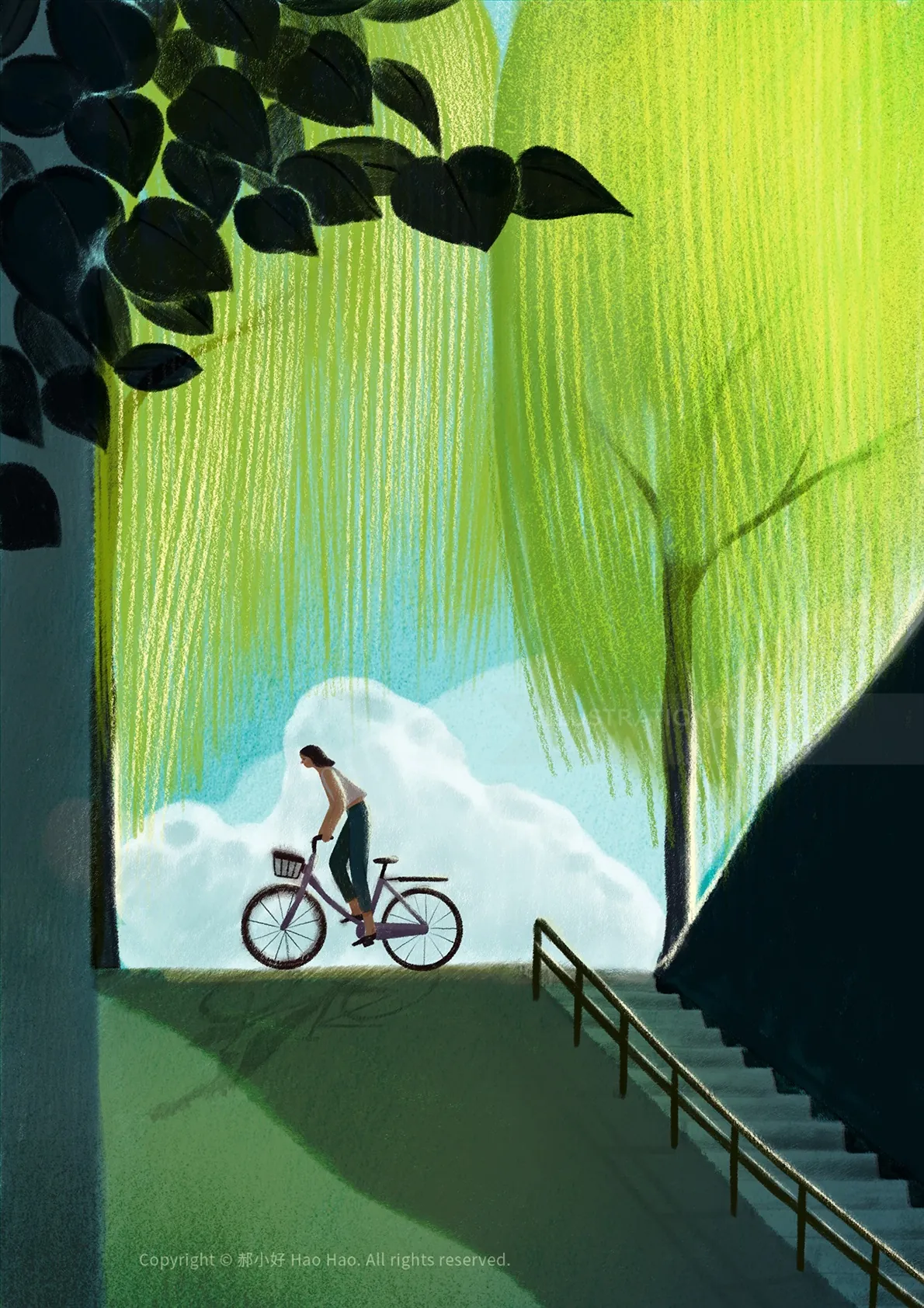 Person riding bike on path with trees and clouds in background
