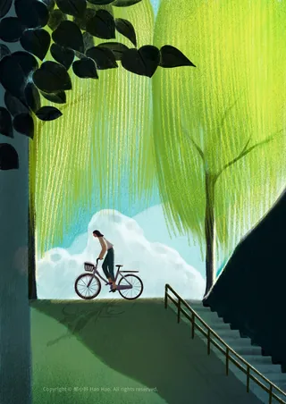 Person riding bike on path with trees and clouds in background