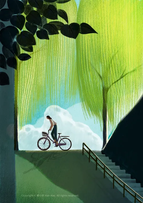 Person riding bike on path with trees and clouds in background