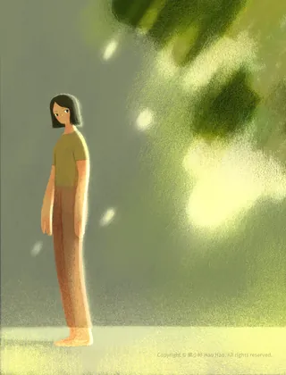 Woman standing barefoot in warm sunlight with green blurred background