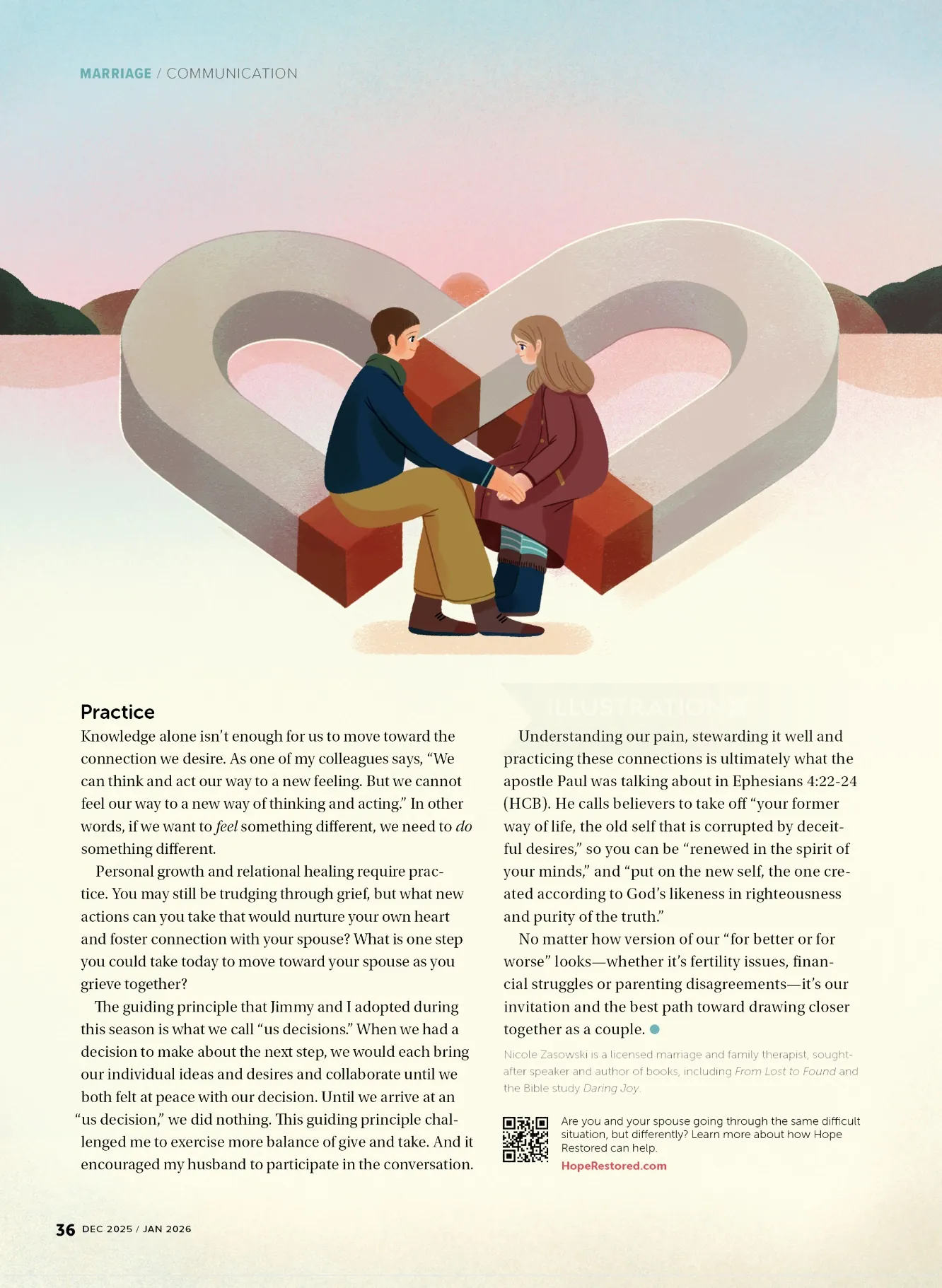 Couple sitting on a heart-shaped bench in a pastel setting by Hao Hao