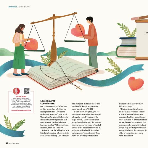 Digital illustration of man and woman balancing heart on scale over open book by Hao Hao