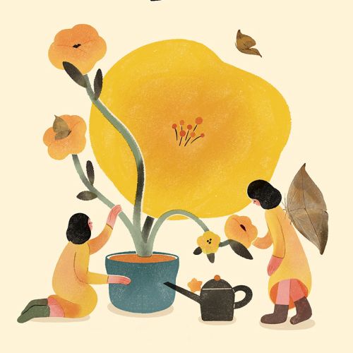 Children watering a large yellow flower with butterflies and leaves by Hao Hao