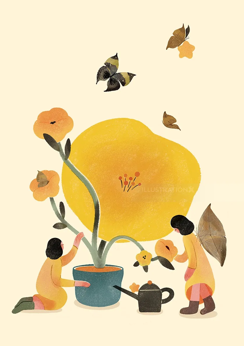 Children watering a large yellow flower with butterflies and leaves by Hao Hao