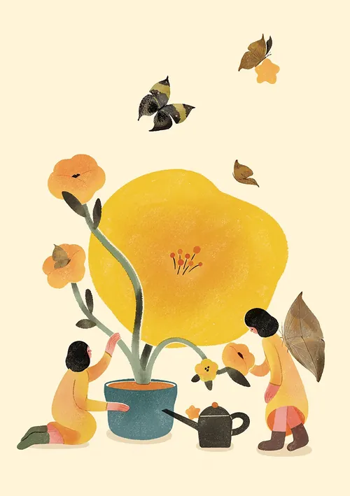 Children watering a large yellow flower with butterflies and leaves by Hao Hao