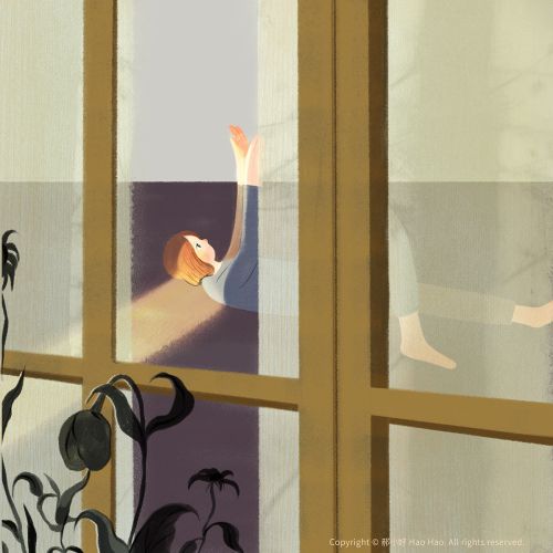 Person lying down behind glass window with sunlight and shadows by Hao Hao