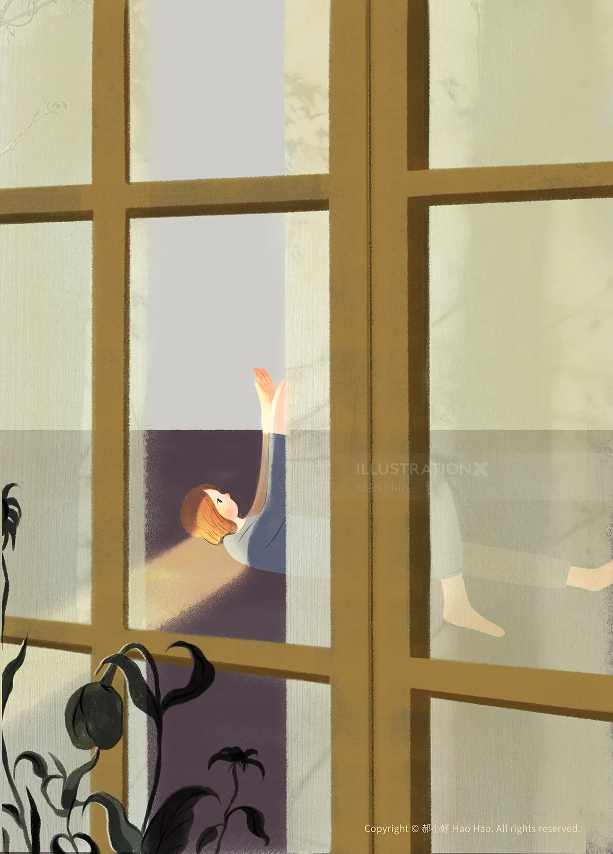 Person lying down behind glass window with sunlight and shadows by Hao Hao