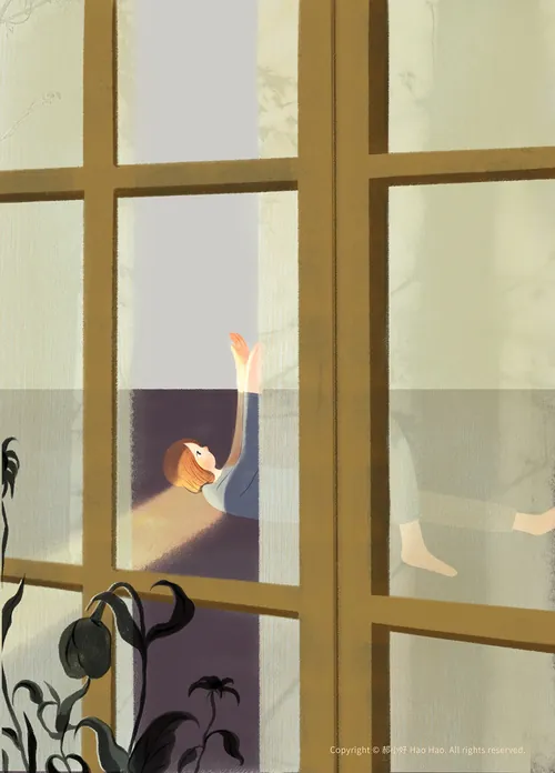 Person lying down behind glass window with sunlight and shadows by Hao Hao