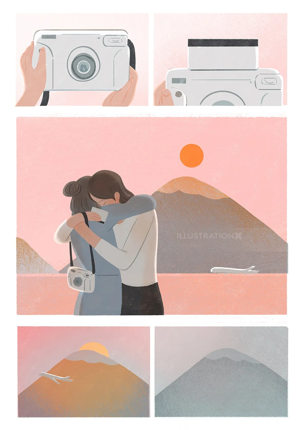 Couple embracing with a camera near mountains at sunset by Hao Hao