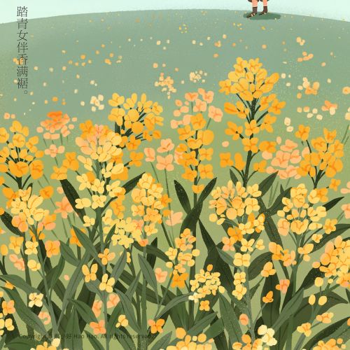 Figure holding book on hill with yellow flowers by Hao Hao