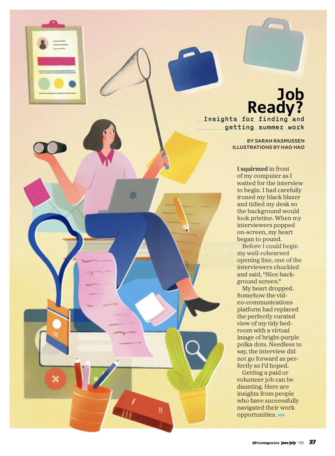 Woman balancing work and family roles surrounded by office and home items by Hao Hao